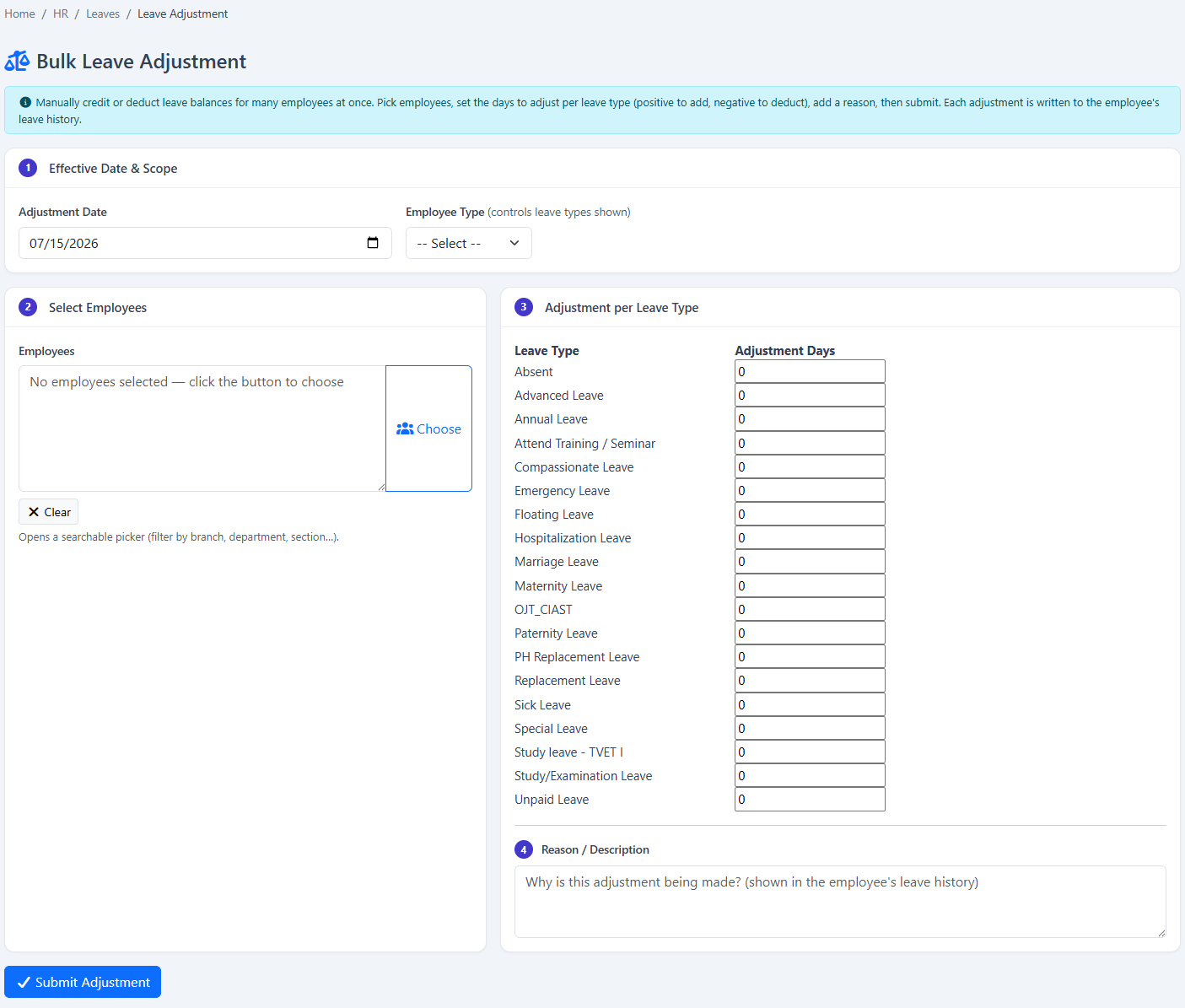 HRM.my bulk employee leave adjustment screen